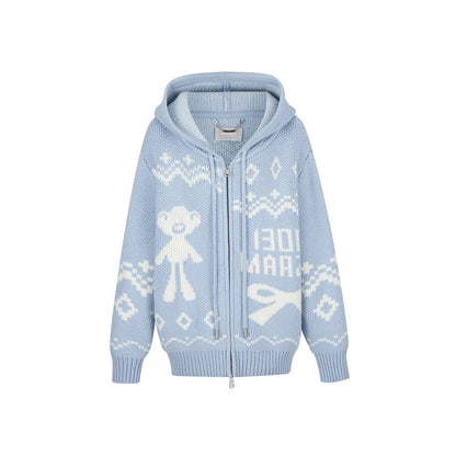 13DE MARZO Fair Isle Bear Zip Knit Hoodie Blue