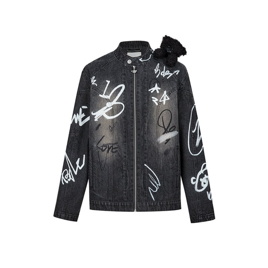 13DE MARZO Graffiti Racing Bear Denim Jacket Black