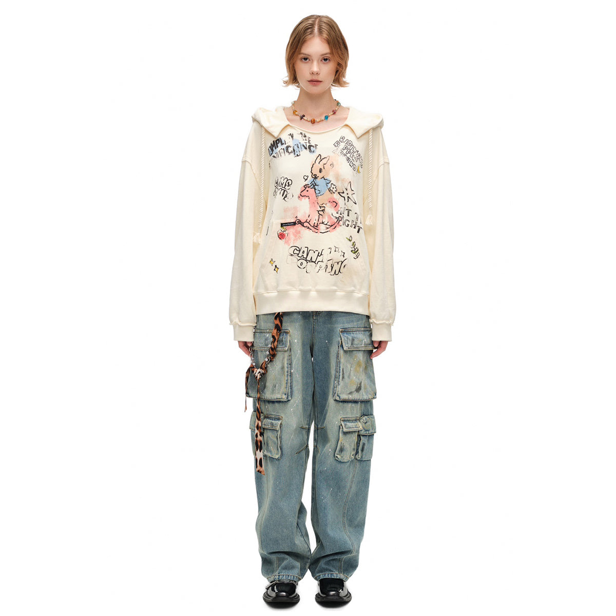 Alexia Sandra Printed Graffiti Rabbit Distressed Hoodie Yellow