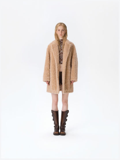 13DE MARZO Bear Fuzzy Long Coat Khaki
