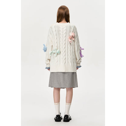 13DE MARZO Rainbow Bear Weave Knit Sweater White