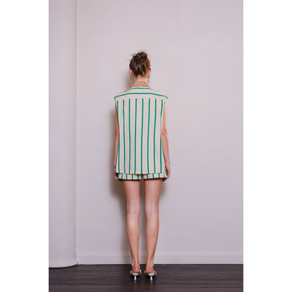 DIANA VEVINA Color Blocked Shoulder Pad Striped Top