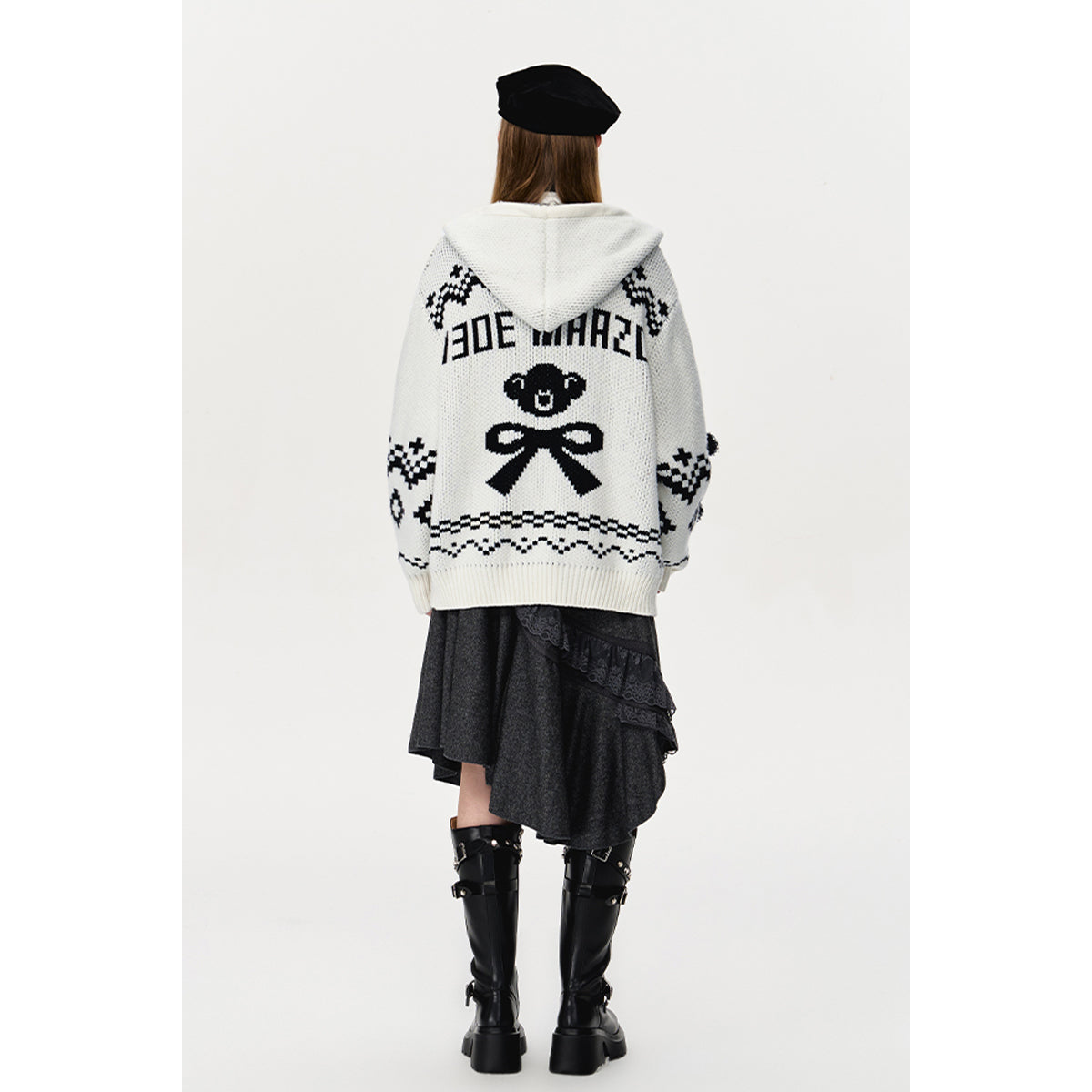 13DE MARZO Fair Isle Bear Zip Knit Hoodie White