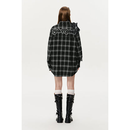 13DE MARZO Bear Sparkly Drill Plaid Shirt Black