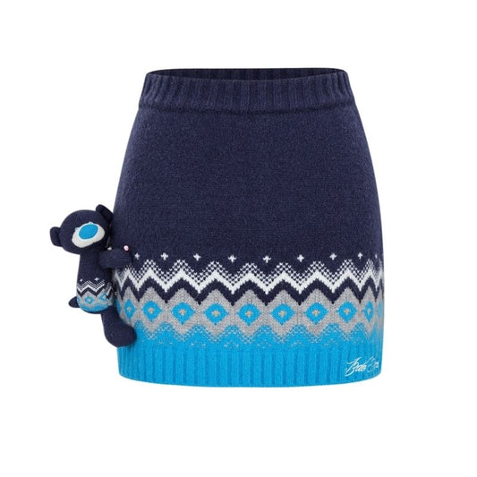 13DE MARZO Fair Isle Bear Knit Skirt Navy Blue