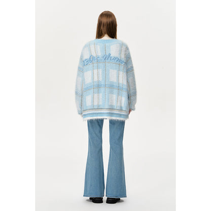 13DE MARZO Bear Button Plaid Knit Cardigan Blue