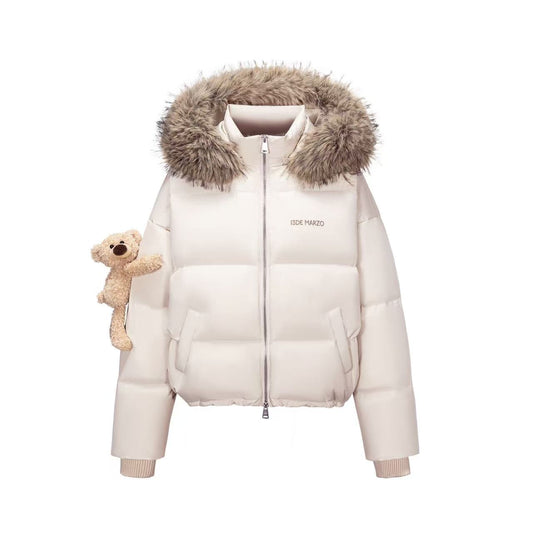13DE MARZO Bear Fuzzy Hood Down Jacket Almond