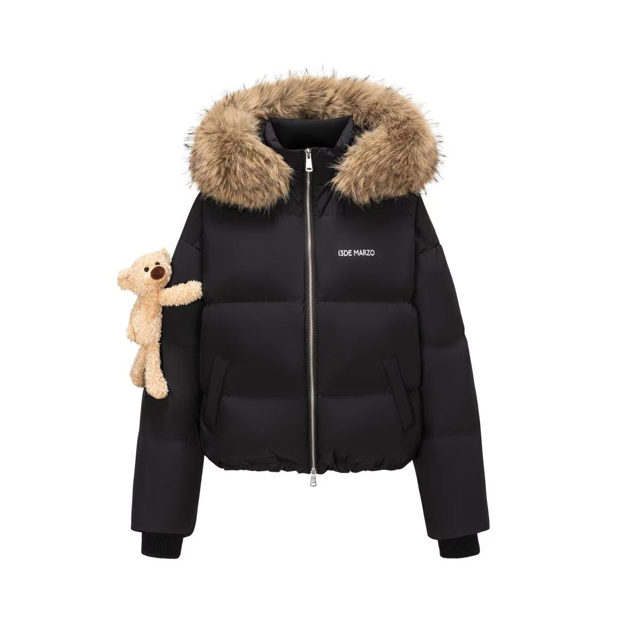 13DE MARZO Bear Fuzzy Hood Down Jacket Black