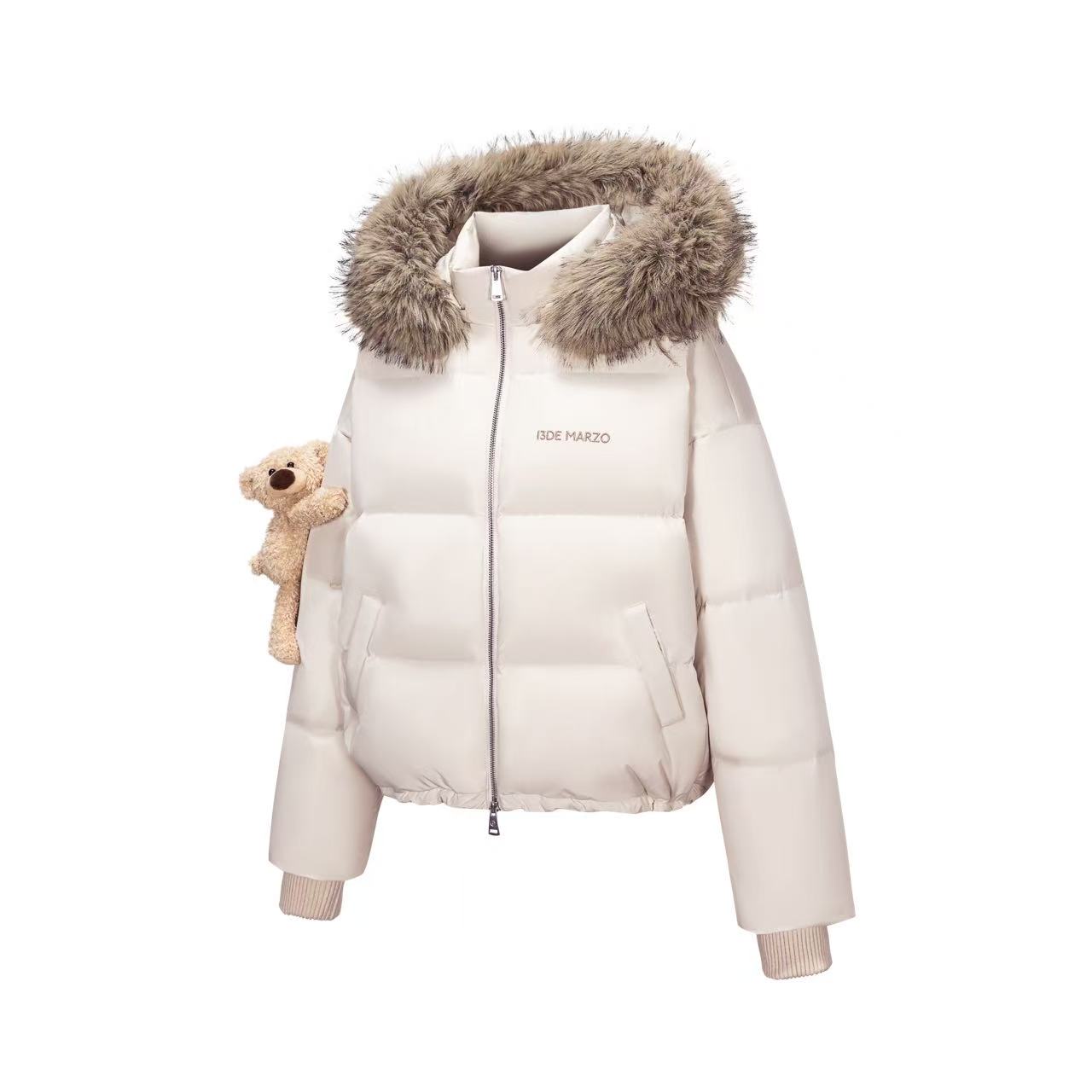 13DE MARZO Bear Fuzzy Hood Down Jacket Almond