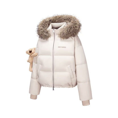 13DE MARZO Bear Fuzzy Hood Down Jacket Almond