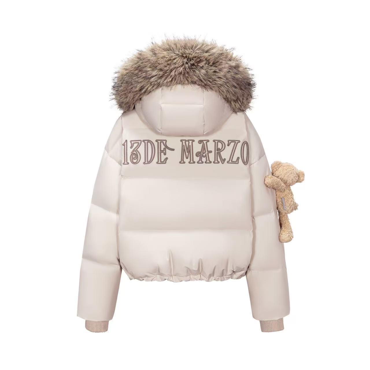 13DE MARZO Bear Fuzzy Hood Down Jacket Almond