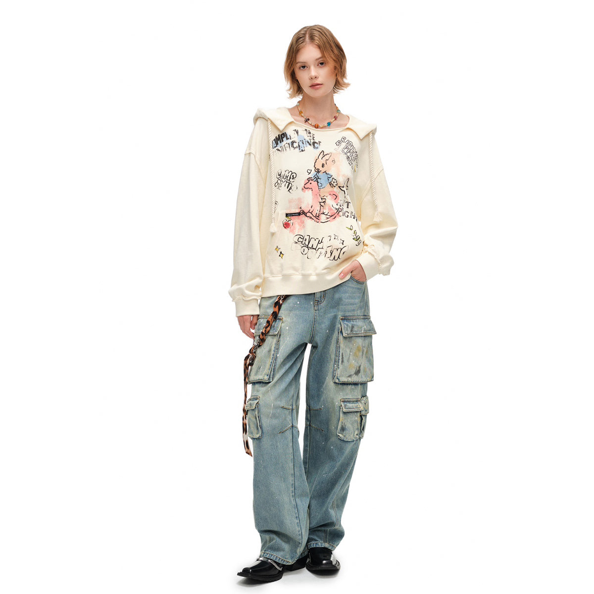 Alexia Sandra Printed Graffiti Rabbit Distressed Hoodie Yellow