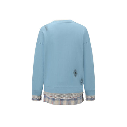 Alexia Sandra Three Rabbit Printed Fake-2-Piece Distressed Sweater Blue