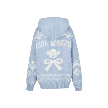 13DE MARZO Fair Isle Bear Zip Knit Hoodie Blue