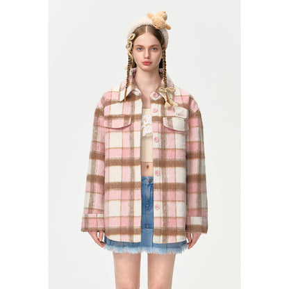 13DE MARZO Bear Tweed Plaid Shirt Pink