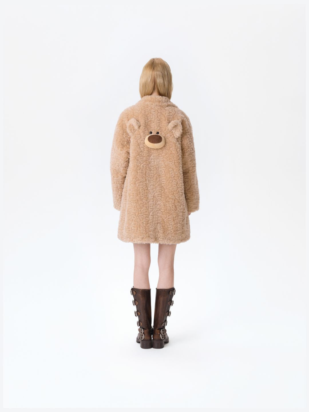 13DE MARZO Bear Fuzzy Long Coat Khaki