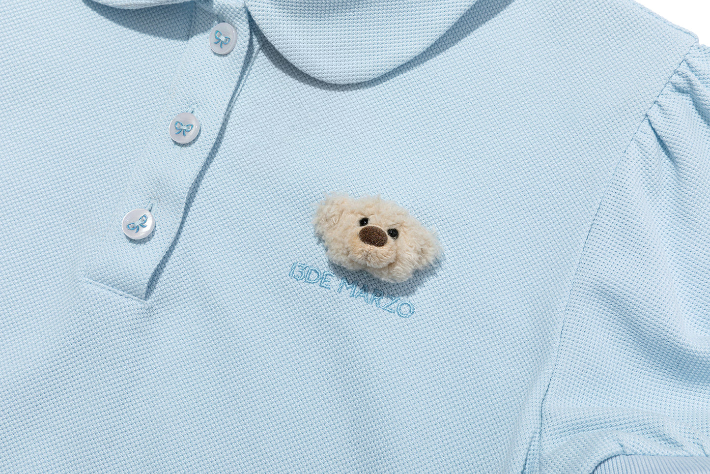 13DE MARZO Smocked Puff Sleeve Polo Style T-shirt Blue