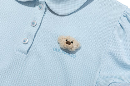13DE MARZO Smocked Puff Sleeve Polo Style T-shirt Blue