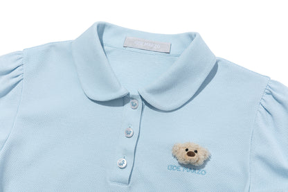 13DE MARZO Smocked Puff Sleeve Polo Style T-shirt Blue