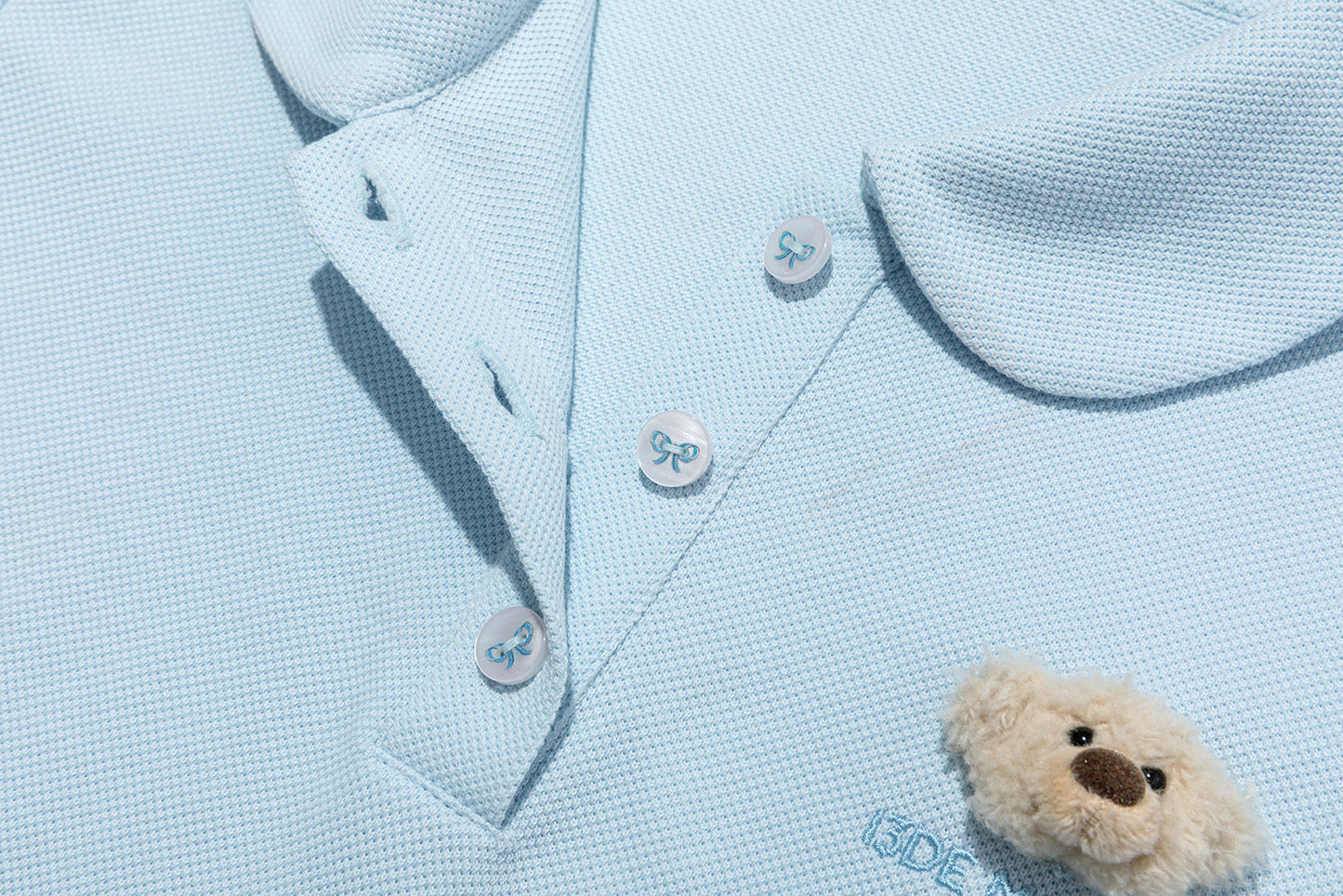 13DE MARZO Smocked Puff Sleeve Polo Style T-shirt Blue