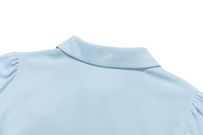 13DE MARZO Smocked Puff Sleeve Polo Style T-shirt Blue