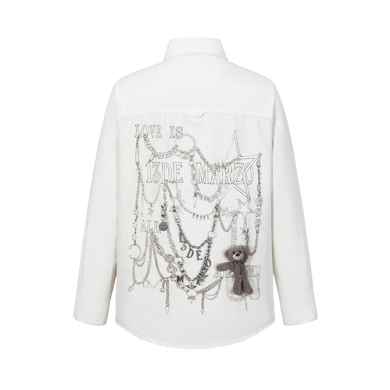 13DE MARZO Chains Illustrated Denim Shirt White