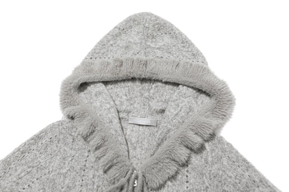 13DE MARZO Ruffle Collar Knitted Hoodie Grey