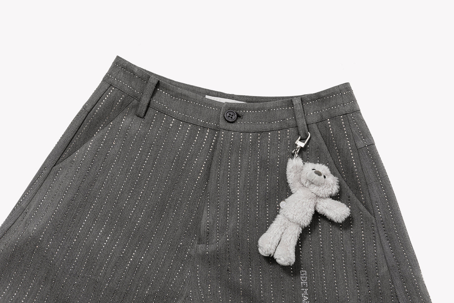 13DE MARZO Curved-Hem Stripe Rhinestone Trousers Grey