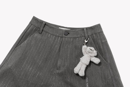 13DE MARZO Curved-Hem Stripe Rhinestone Trousers Grey
