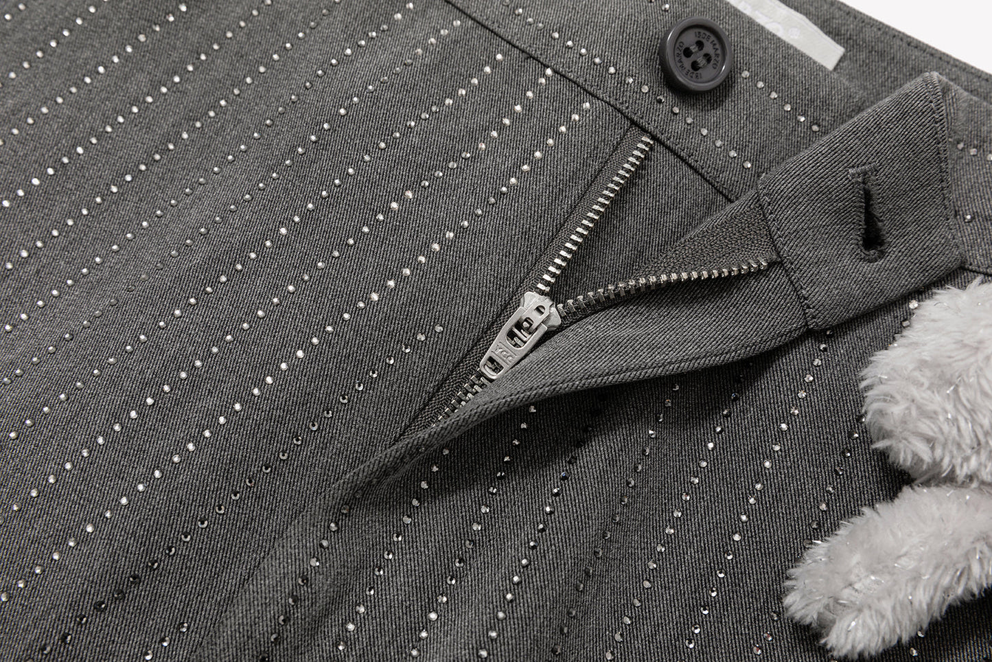 13DE MARZO Curved-Hem Stripe Rhinestone Trousers Grey