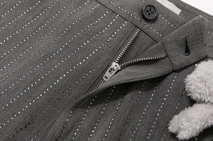 13DE MARZO Curved-Hem Stripe Rhinestone Trousers Grey