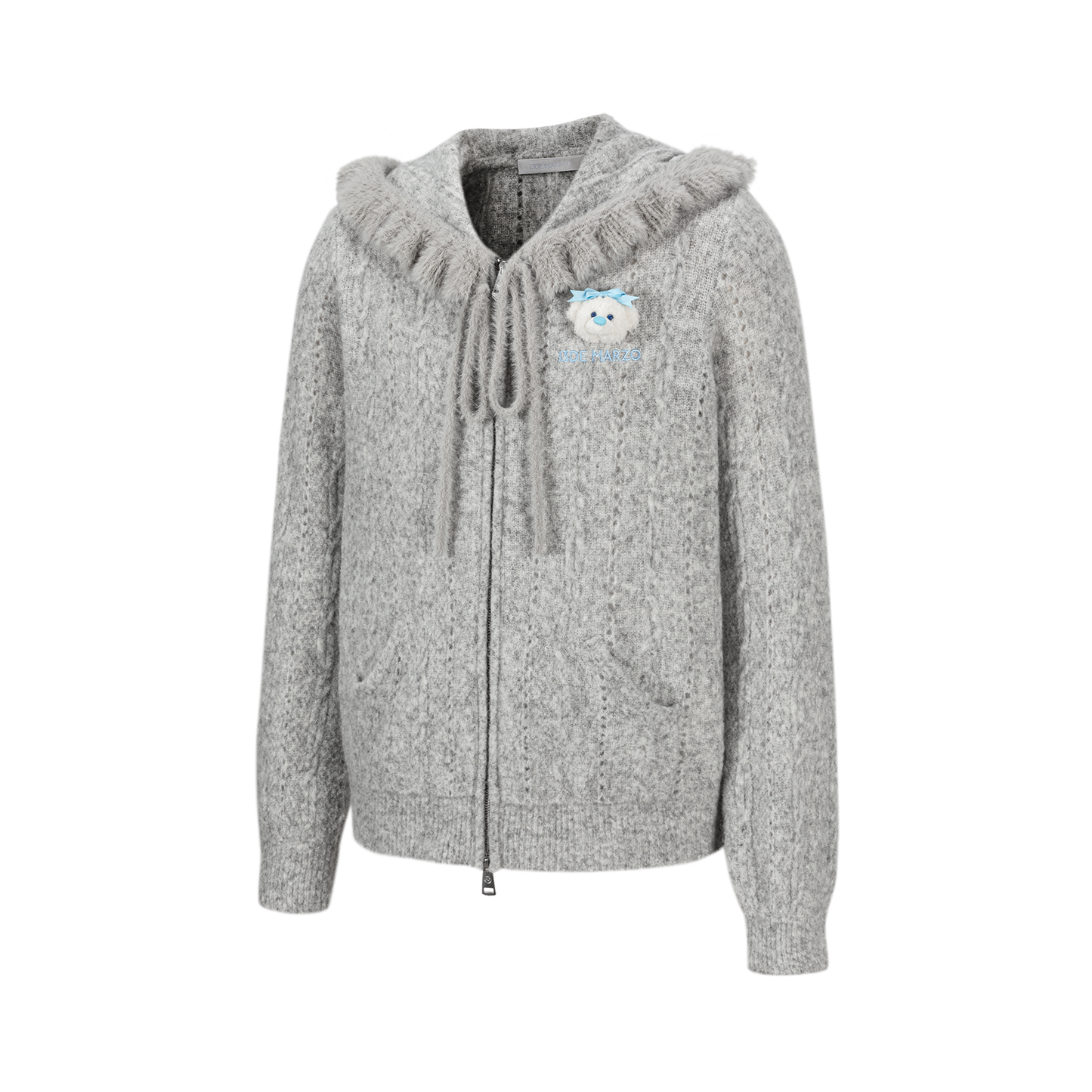 13DE MARZO Ruffle Collar Knitted Hoodie Grey