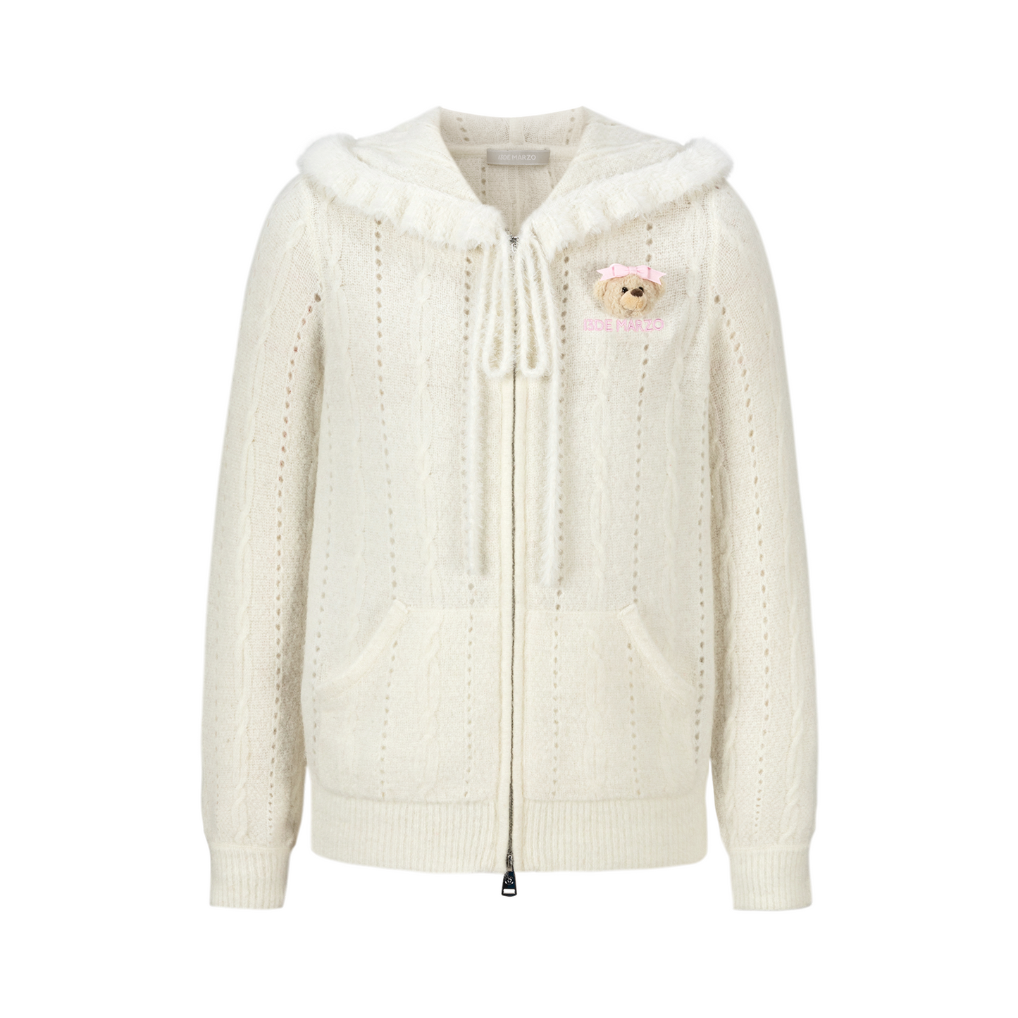 13DE MARZO Ruffle Collar Knitted Hoodie Beige