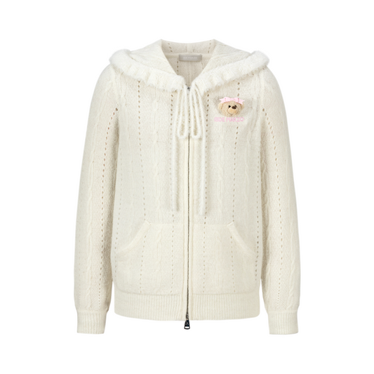 13DE MARZO Ruffle Collar Knitted Hoodie Beige