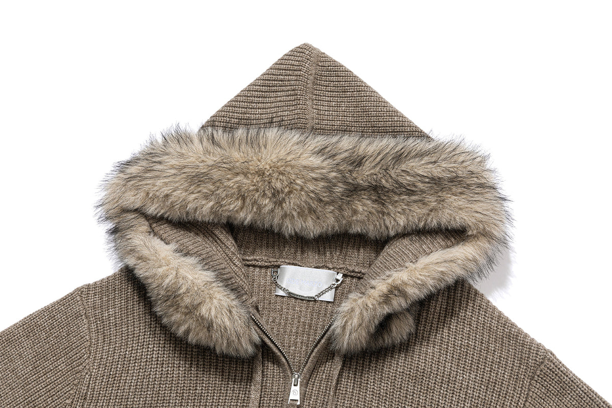 13DE MARZO Pom-pom Bear Fur Collar Knit Jacket Khaki