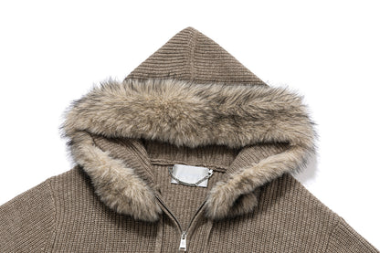 13DE MARZO Pom-pom Bear Fur Collar Knit Jacket Khaki