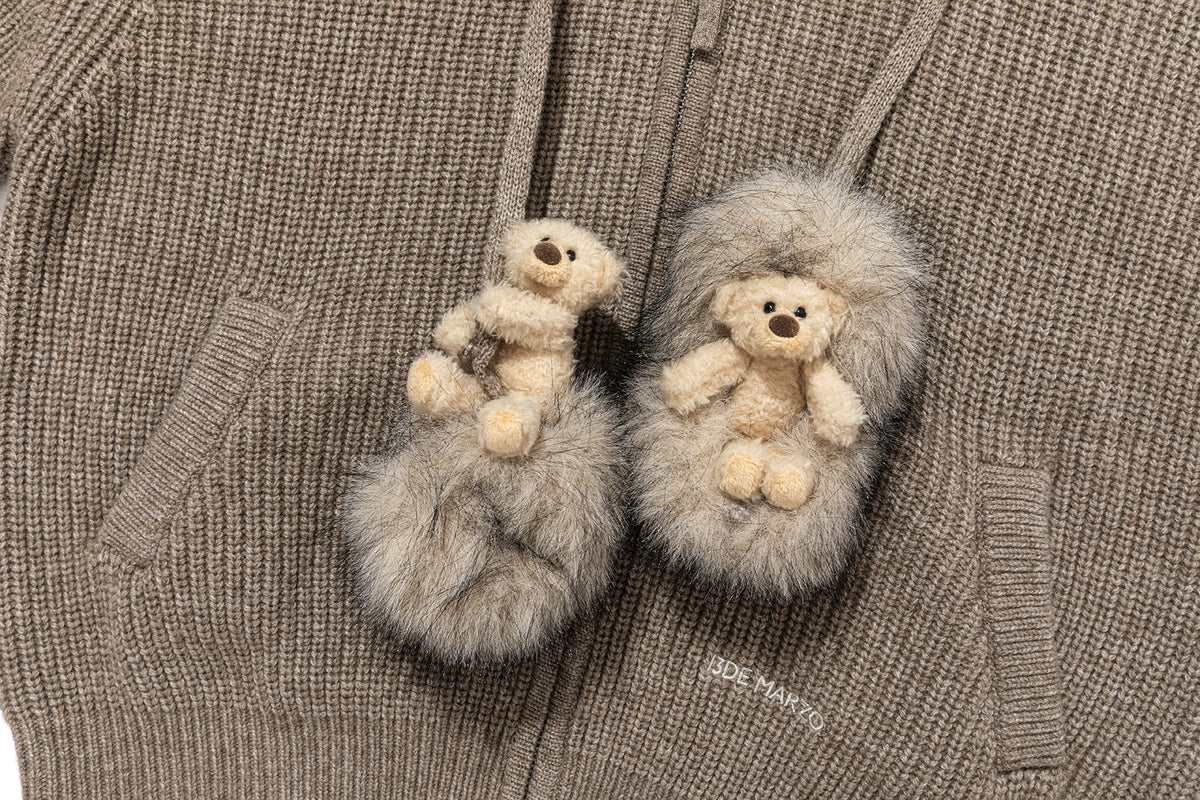 13DE MARZO Pom-pom Bear Fur Collar Knit Jacket Khaki