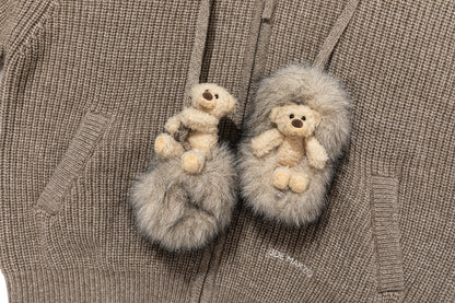 13DE MARZO Pom-pom Bear Fur Collar Knit Jacket Khaki