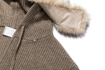 13DE MARZO Pom-pom Bear Fur Collar Knit Jacket Khaki
