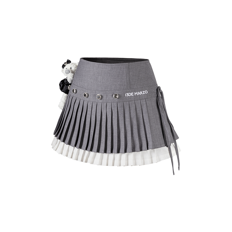13DE MARZO Faux Rhinestones Double-Layer Pleated Skirt Grey