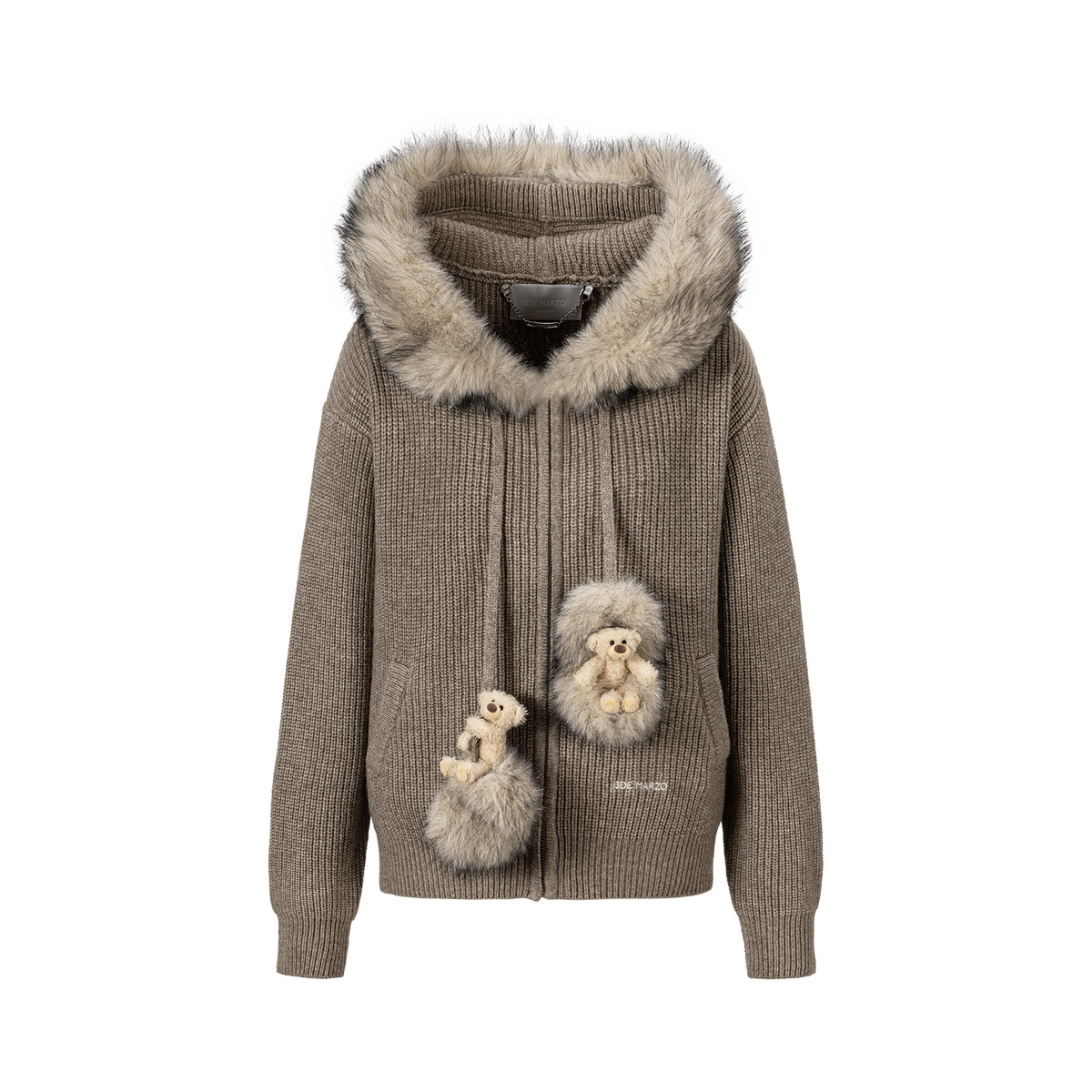 13DE MARZO Pom-pom Bear Fur Collar Knit Jacket Khaki