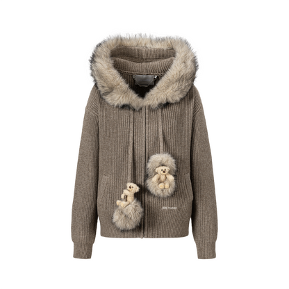 13DE MARZO Pom-pom Bear Fur Collar Knit Jacket Khaki