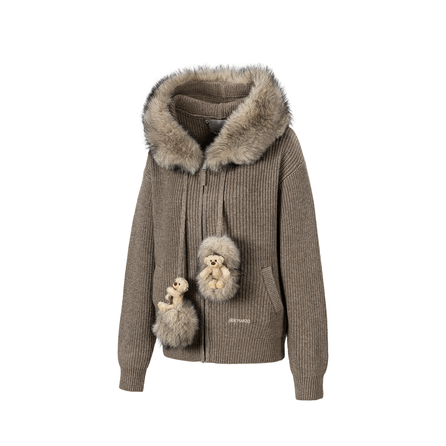 13DE MARZO Pom-pom Bear Fur Collar Knit Jacket Khaki