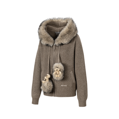13DE MARZO Pom-pom Bear Fur Collar Knit Jacket Khaki