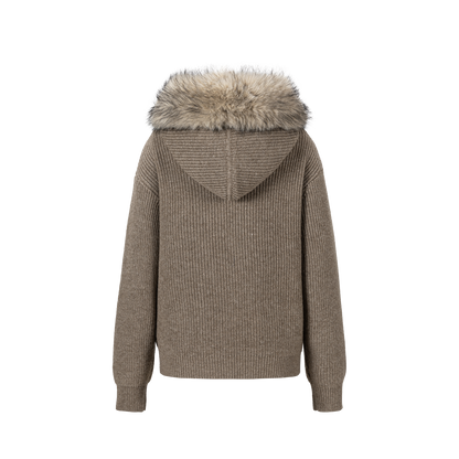 13DE MARZO Pom-pom Bear Fur Collar Knit Jacket Khaki