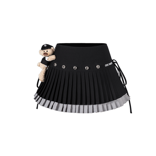 13DE MARZO Faux Rhinestones Double-Layer Pleated Skirt Black