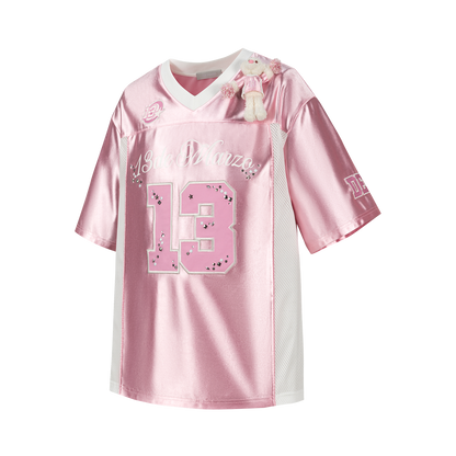 13DE MARZO Bear Cheerleader Satin Jersey T-shirt Pink