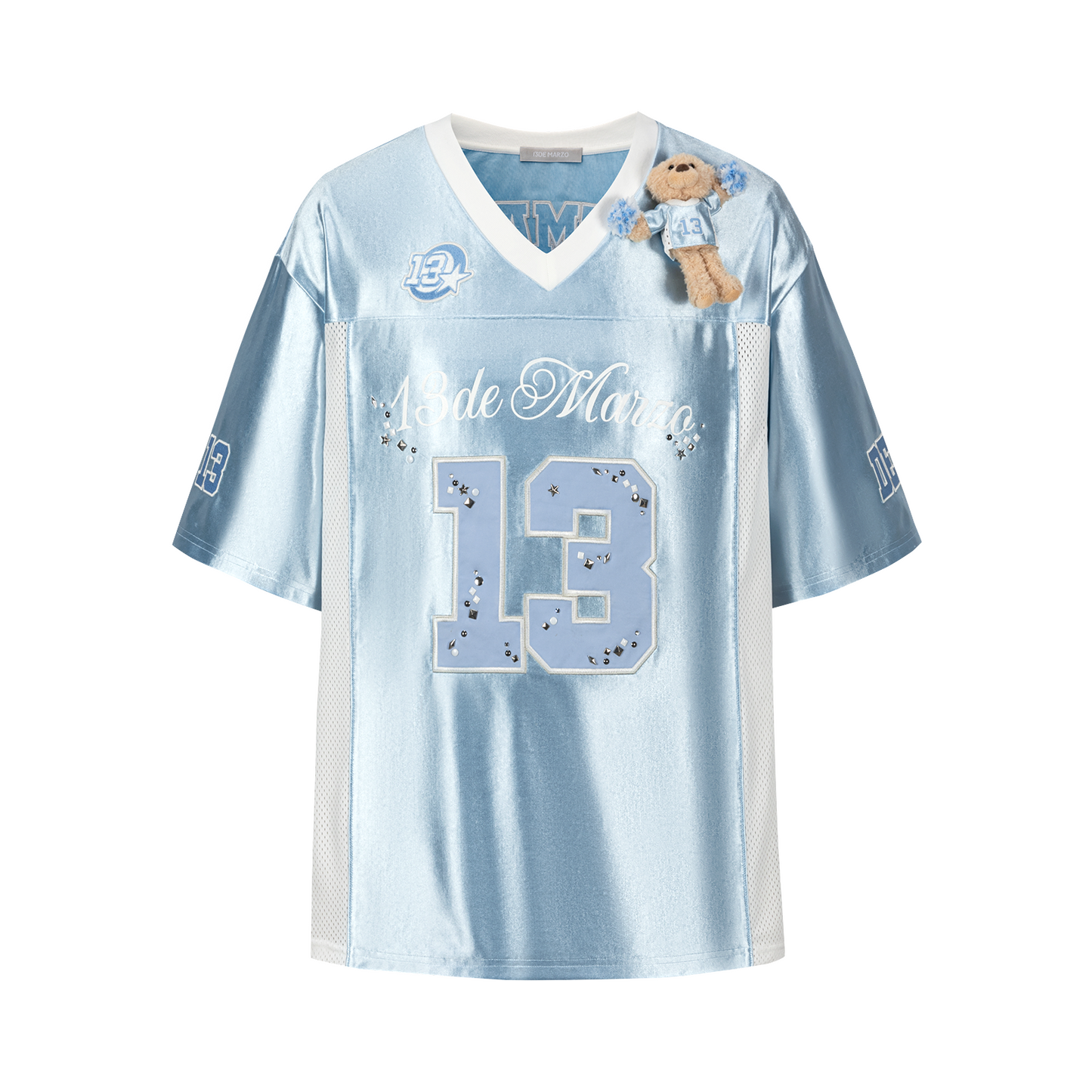 13DE MARZO Bear Cheerleader Satin Jersey T-shirt Blue