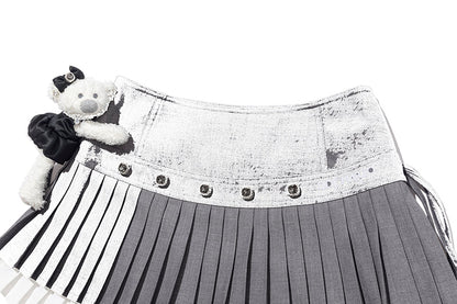 13DE MARZO Faux Rhinestones Double-Layer Pleated Skirt Grey