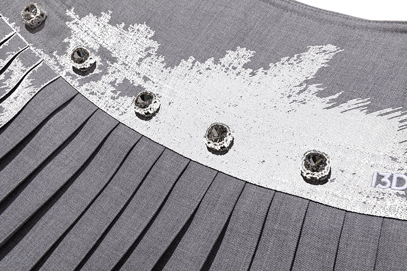 13DE MARZO Faux Rhinestones Double-Layer Pleated Skirt Grey